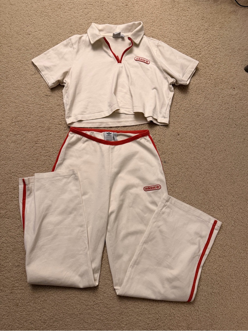 adidas Cream Crop Polo and Red-Trim Track Pants Set